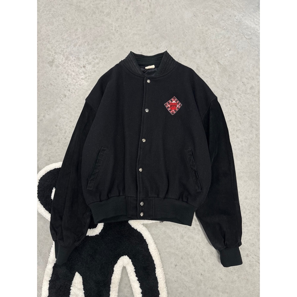 Vintage Red Dog Varsity Jacket Black Wool Suede Bulldog Bomber Made in Canada XL